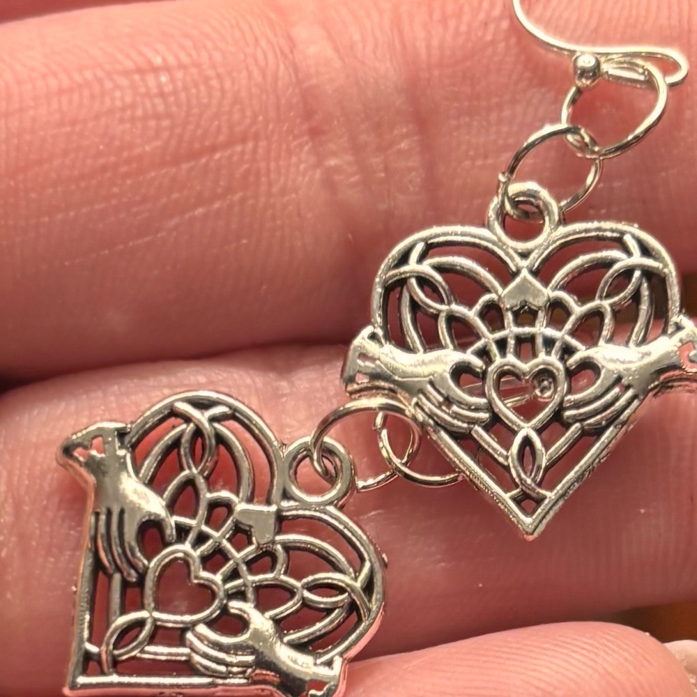 Silver tone Heart Irish Claddagh Earrings - handmade approx 1 inch x1inch